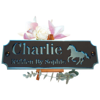 Acrylic-Stable-Name-Plate-Blue-Mirror-Full-Horse-Logo-Front