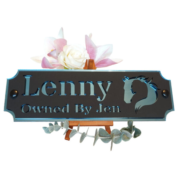 Acrylic-Stable-Name-Plate-Blue-Mirror-Horse-Girl-Logo-Front