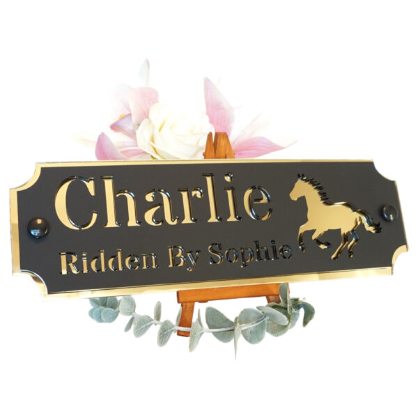 Acrylic-Stable-Name-Plate-Gold-Mirror-Galloping-Horse-Left Acrylic-Stable-Name-Plate-Gold-Mirror-Galloping-Horse-Left