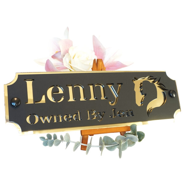 Acrylic-Stable-Name-Plate-Gold-Mirror-Horse-Girl-Logo-Left Acrylic-Stable-Name-Plate-Gold-Mirror-Horse-Girl-Logo-Left