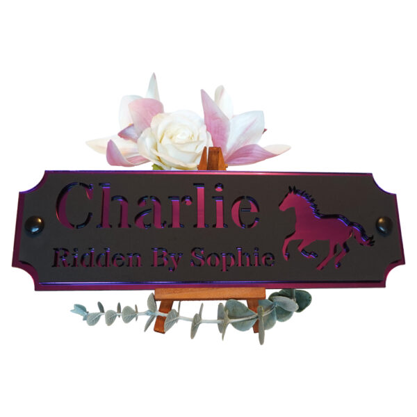Acrylic-Stable-Name-Plate-Purple-Mirror-Galloping-Horse-Front