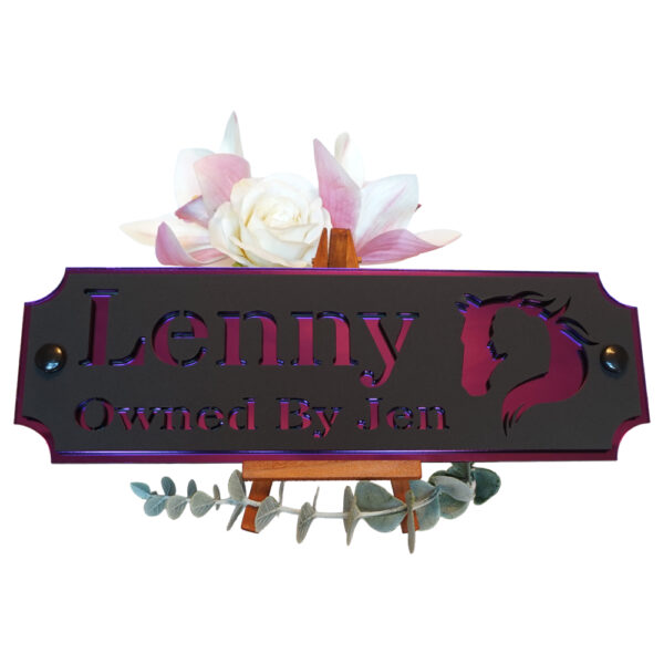 Acrylic-Stable-Name-Plate-Purple-Mirror-Horse-Girl-Logo-Front