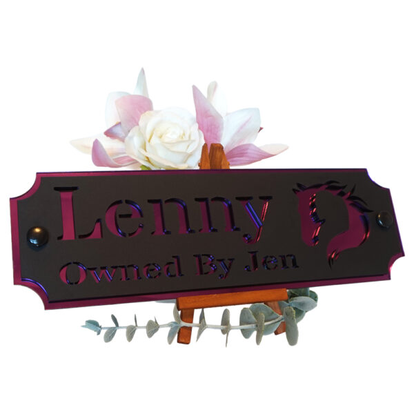 Acrylic-Stable-Name-Plate-Purple-Mirror-Horse-Girl-Logo-Left Acrylic-Stable-Name-Plate-Purple-Mirror-Horse-Girl-Logo-Left