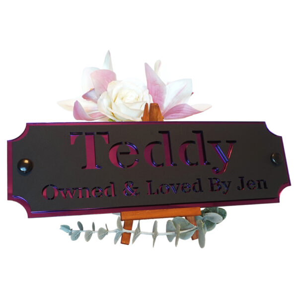 Acrylic-Stable-Name-Plate-Purple-Mirror-Text-Left Acrylic-Stable-Name-Plate-Purple-Mirror-Text-Left