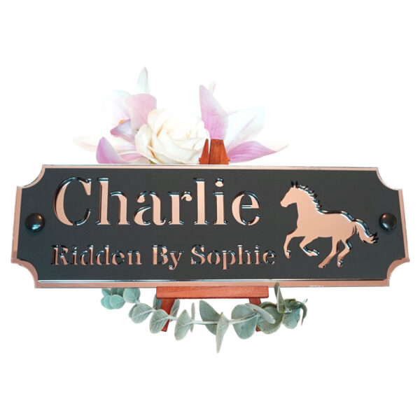 Acrylic-Stable-Name-Plate-Rose-Gold-Mirror-Galloping-Horse-Front