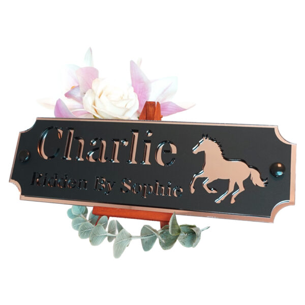 Acrylic-Stable-Name-Plate-Rose-Gold-Mirror-Galloping-Horse-Right