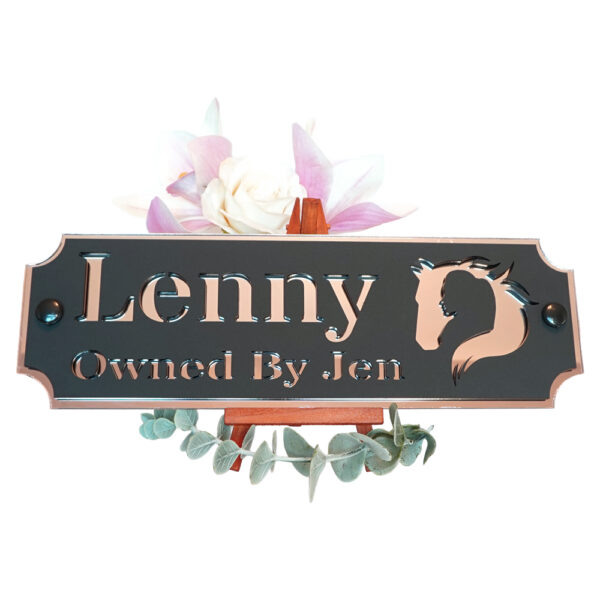 Acrylic-Stable-Name-Plate-Rose-Gold-Mirror-Horse-Girl-Logo-Front