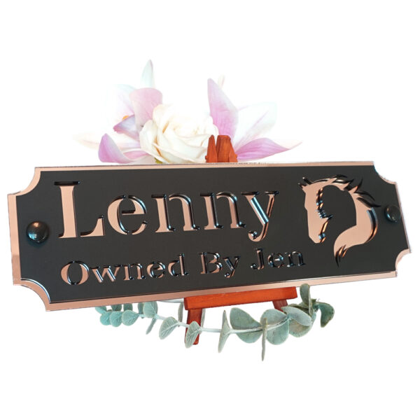 Acrylic-Stable-Name-Plate-Rose-Gold-Mirror-Horse-Girl-Logo-Left Acrylic-Stable-Name-Plate-Rose-Gold-Mirror-Horse-Girl-Logo-Left