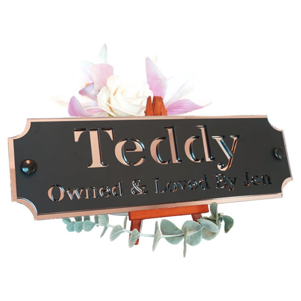 Acrylic-Stable-Name-Plate-Rose-Gold-Mirror-Text-Left Acrylic-Stable-Name-Plate-Rose-Gold-Mirror-Text-Left