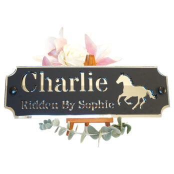 Acrylic-Stable-Name-Plate-Silver-Mirror-Galloping-Horse-Front