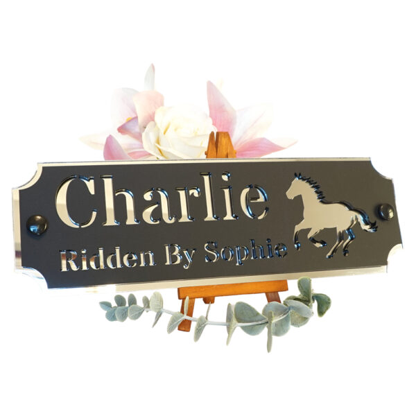 Acrylic-Stable-Name-Plate-Silver-Mirror-Galloping-Horse-Left Acrylic-Stable-Name-Plate-Silver-Mirror-Galloping-Horse-Left