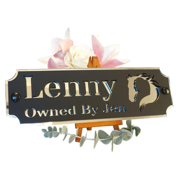 Acrylic-Stable-Name-Plate-Silver-Mirror-Horse-Girl-Logo-Left Acrylic-Stable-Name-Plate-Silver-Mirror-Horse-Girl-Logo-Left