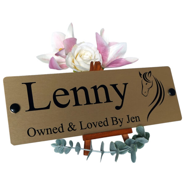 Aluminium-Gold-Stable-Name-Plate-Horse-Head-Logo-Left Aluminium-Gold-Stable-Name-Plate-Horse-Head-Logo-Left