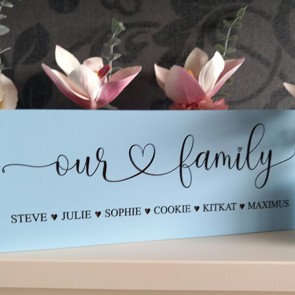 Our Family Sign Blue Left View